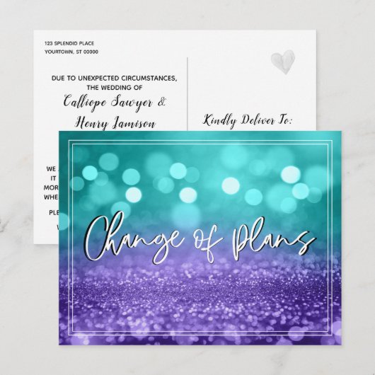 Turquoise Paarse Bokeh: verandering van plannen br Briefkaart (Voorkant / Achterkant)