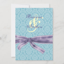 Turquoise & Paarse Damask & Bow Wedding Invitation Kaart