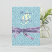 Turquoise & Paarse Damask & Bow Wedding Invitation Kaart (Staand voorkant)