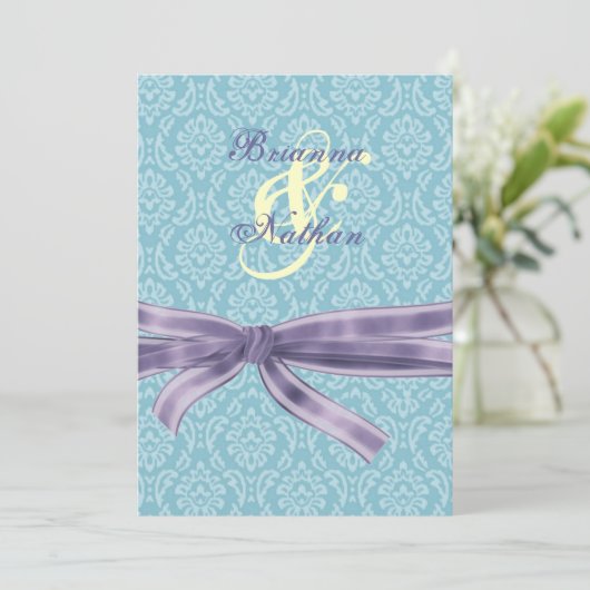Turquoise & Paarse Damask & Bow Wedding Invitation Kaart (Staand voorkant)