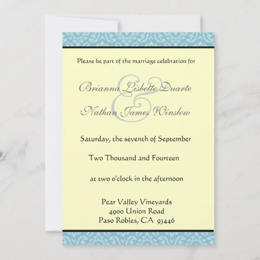 Turquoise & Paarse Damask & Bow Wedding Invitation Kaart (Achterkant)