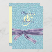 Turquoise & Paarse Damask & Bow Wedding Invitation Kaart (Voorkant / Achterkant)
