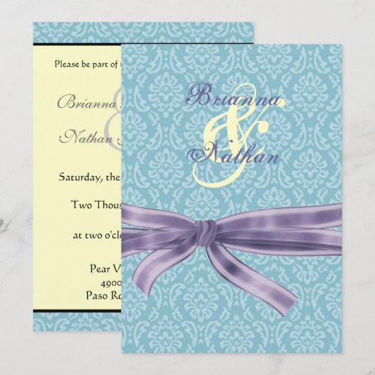 Turquoise & Paarse Damask & Bow Wedding Invitation Kaart (Voorkant / Achterkant)