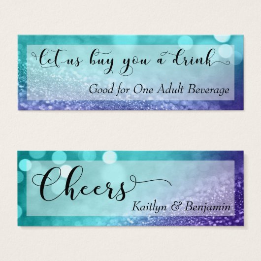 Turquoise Paarse Glitter Bokeh Script Drink Ticket Mini Visitekaartjes (Voorkant /achterkant)