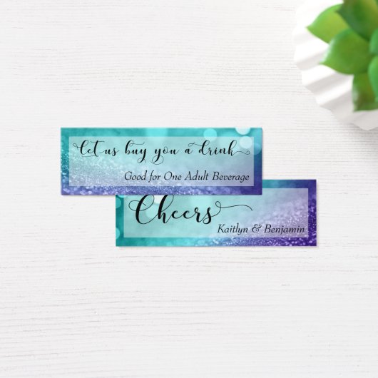 Turquoise Paarse Glitter Bokeh Script Drink Ticket Mini Visitekaartjes (Bureau)