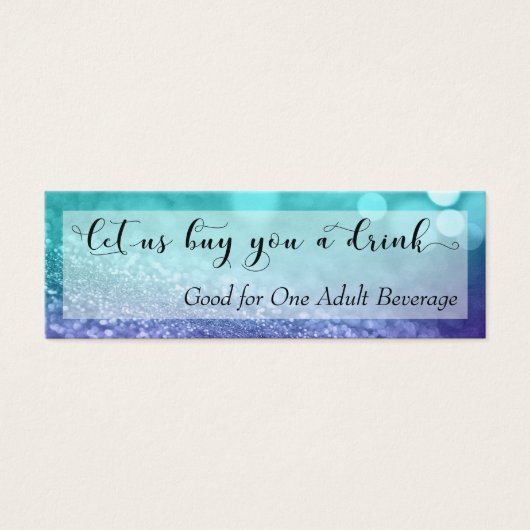 Turquoise Paarse Glitter Bokeh Script Drink Ticket Mini Visitekaartjes (Voorkant)
