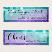 Turquoise Paarse Glitter Bokeh Script Drink Ticket Mini Visitekaartjes (Voorkant /achterkant)