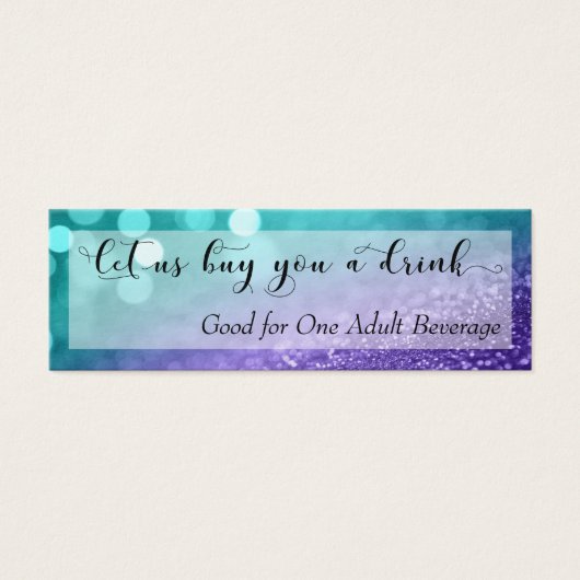 Turquoise Paarse Glitter Bokeh Script Drink Ticket Mini Visitekaartjes (Voorkant)