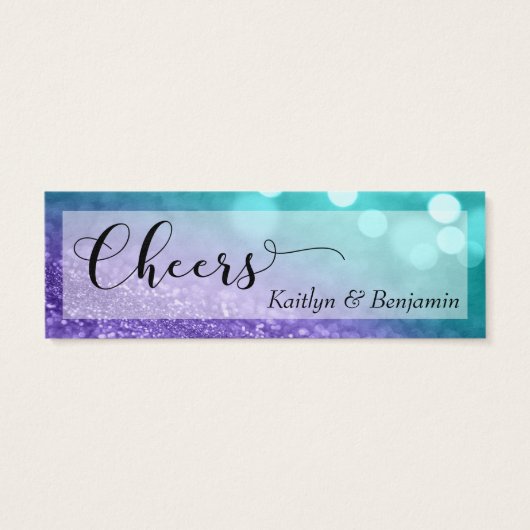 Turquoise Paarse Glitter Bokeh Script Drink Ticket Mini Visitekaartjes (Achterkant)