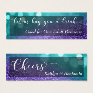Turquoise Paarse Glitter Bokeh Script Drink Ticket Mini Visitekaartjes