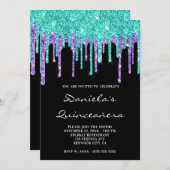 Turquoise Paarse Glitter Drift Black Quinceañera Kaart (Voorkant / Achterkant)