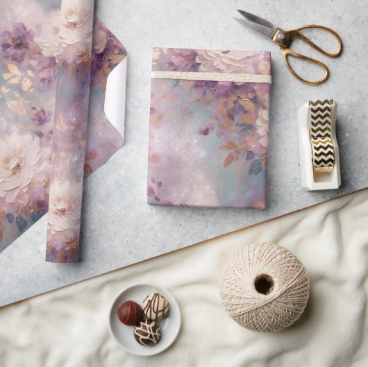 Turquoise Paarse Gouden Witte Bloemen Cadeaupapier (Crafts)