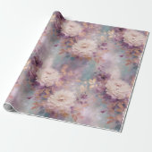 Turquoise Paarse Gouden Witte Bloemen Cadeaupapier (Uitgerold)