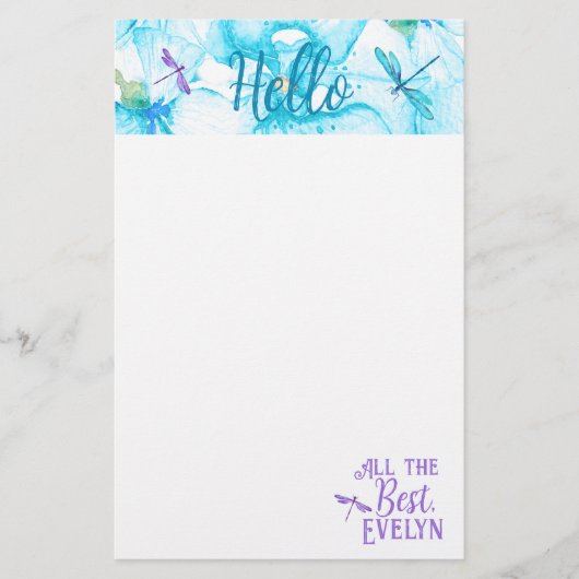 Turquoise, Paarse libel Persoonlijk Briefpapier (Voorkant)
