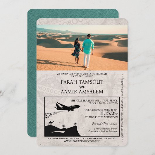 Turquoise Paarse Marokko Passport Wedding Kaart (Voorkant / Achterkant)