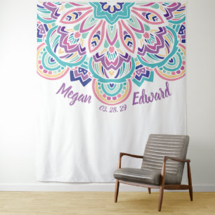 Turquoise & Paarse Moderne Bloem Bruiloft Achtergr Wandkleed