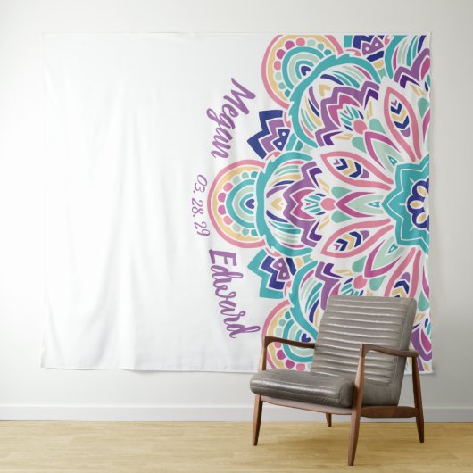 Turquoise & Paarse Moderne Bloem Bruiloft Achterwa Wandkleed (In Situ (horizontaal))