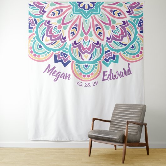 Turquoise & Paarse Moderne Bloem Bruiloft Achterwa Wandkleed (In situ)