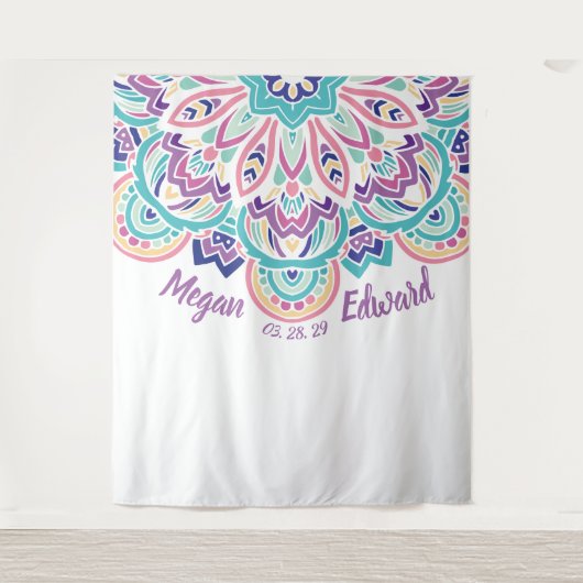 Turquoise & Paarse Moderne Bloem Bruiloft Achterwa Wandkleed (Voorkant)