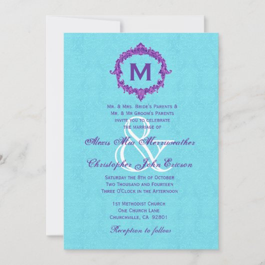 Turquoise Paarse  Monogram Wedding V022 Kaart (Voorkant)