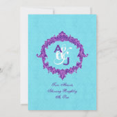 Turquoise Paarse  Monogram Wedding V022 Kaart (Achterkant)