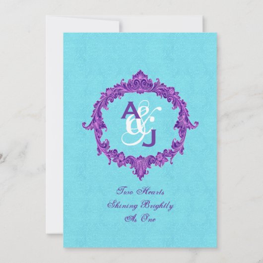 Turquoise Paarse  Monogram Wedding V022 Kaart (Achterkant)