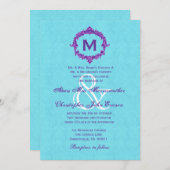 Turquoise Paarse  Monogram Wedding V022 Kaart (Voorkant / Achterkant)