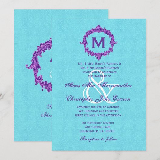 Turquoise Paarse Monogram Wedding V022 Kaart (Voorkant / Achterkant)