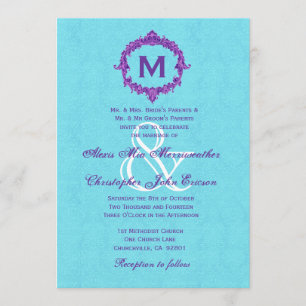 Turquoise Paarse  Monogram Wedding V022 Kaart