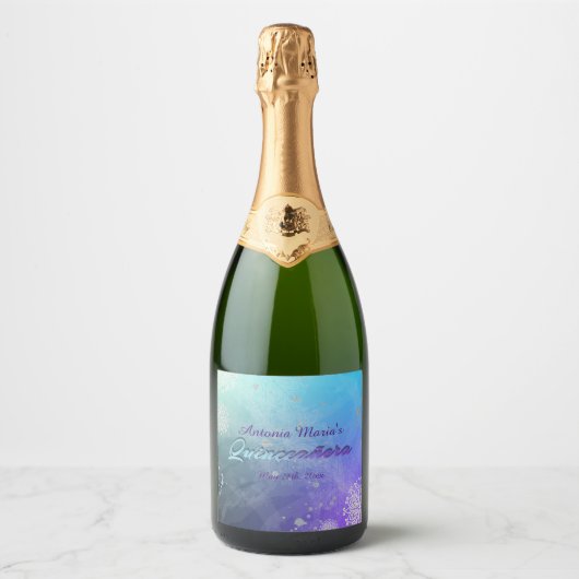 Turquoise Paarse Silver Glitter Quinceañera Sparkling Wijnetiket (Voorkant)