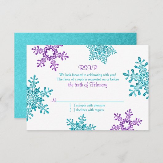 Turquoise Paarse sneeuwvlok Winter bruiloft RSVP (Voorkant / Achterkant)