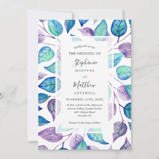 Turquoise Paarse Waterverf bladeren loof bruiloft Kaart (Voorkant)