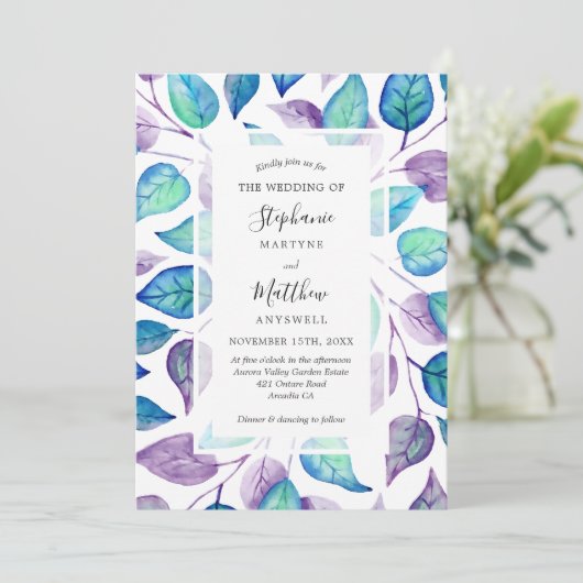 Turquoise Paarse Waterverf bladeren loof bruiloft Kaart (Staand voorkant)