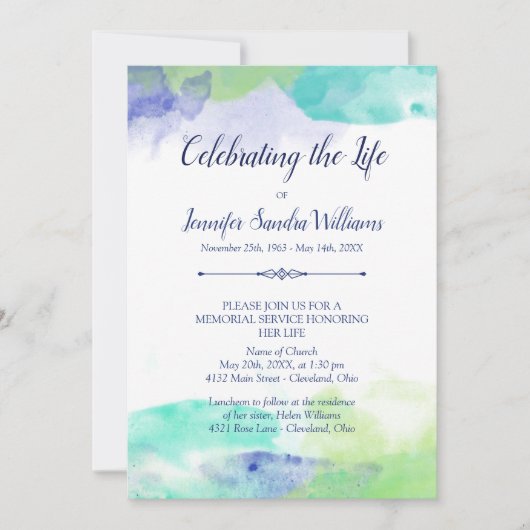 Turquoise & Paarse Waterverf Celebration of Life Kaart (Voorkant)