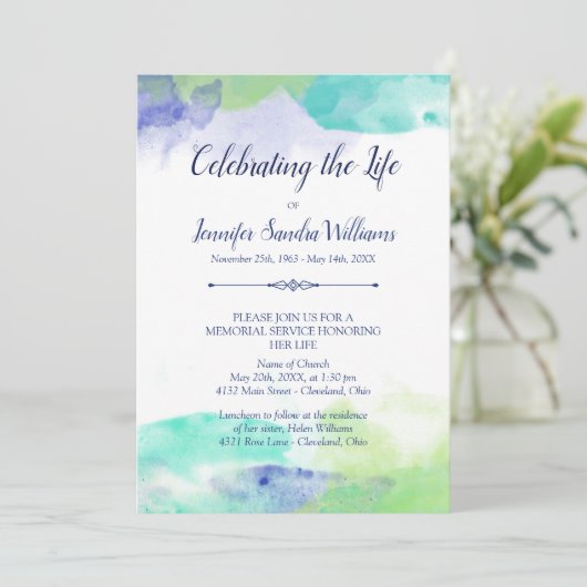 Turquoise & Paarse Waterverf Celebration of Life Kaart (Staand voorkant)