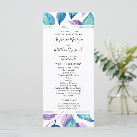 Turquoise Paarse Waterverf Leaf Trouwceremonie Programmakaart (Staand voorkant)