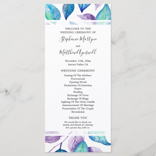 Turquoise Paarse Waterverf Leaf Trouwceremonie Programmakaart (Voorkant)