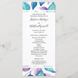 Turquoise Paarse Waterverf Leaf Trouwceremonie Programmakaart