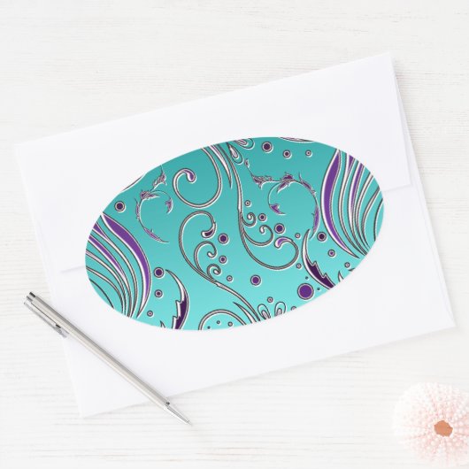 Turquoise Paarse werveling Ovale Sticker (Envelop)