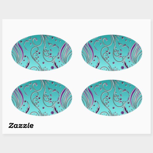 Turquoise Paarse werveling Ovale Sticker (Vel)