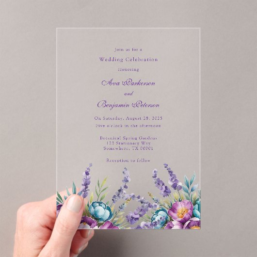 Turquoise Paarse wilde bloemen bruiloft Acryl Uitnodigingen (Insitu (Draagbaar))