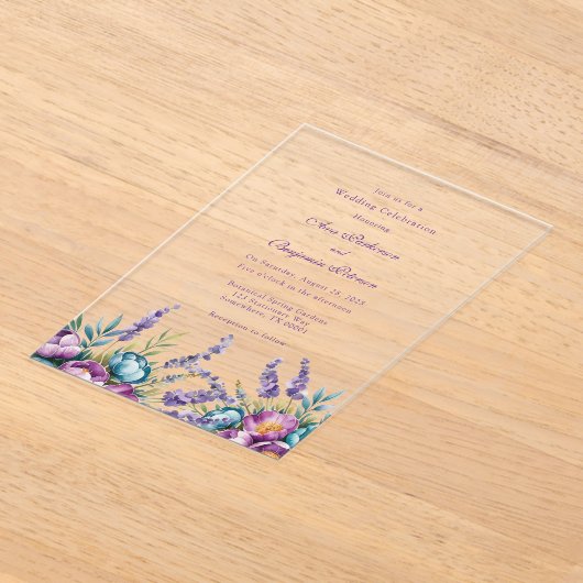 Turquoise Paarse wilde bloemen bruiloft Acryl Uitnodigingen (Laagn)
