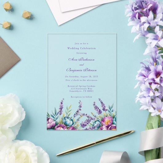 Turquoise Paarse wilde bloemen bruiloft Acryl Uitnodigingen (Insitu (Huwelijk))