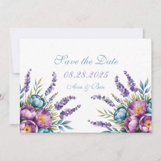 Turquoise Paarse Wilde Bloemen Bruiloft Save The Date (Voorkant)