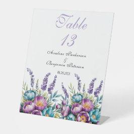 Turquoise Paarse Wildflowers Trouwtafel Nummers Reclamebord Met Voetstuk