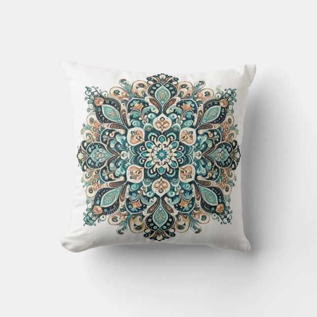 Turquoise Paisley Mandala met gouden accenten 1 Kussen (Voorkant)