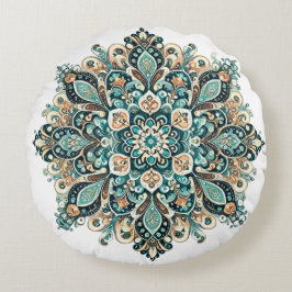 Turquoise Paisley Mandala met gouden accenten 1 Rond Kussen