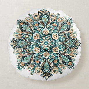 Turquoise Paisley Mandala met gouden accenten 1 Rond Kussen