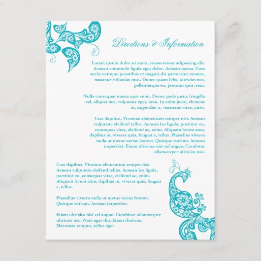 Turquoise Paisley Peacock Chic Wedding Information Informatiekaartje (Voorkant)