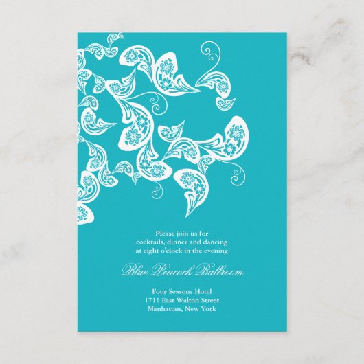 Turquoise Paisley Peacock Chic Wedding Reception Informatiekaartje (Voorkant)